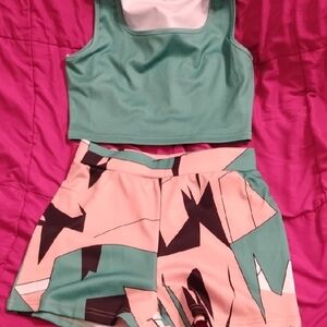 Green and Peach Abstract Crop Top and Shorts Set